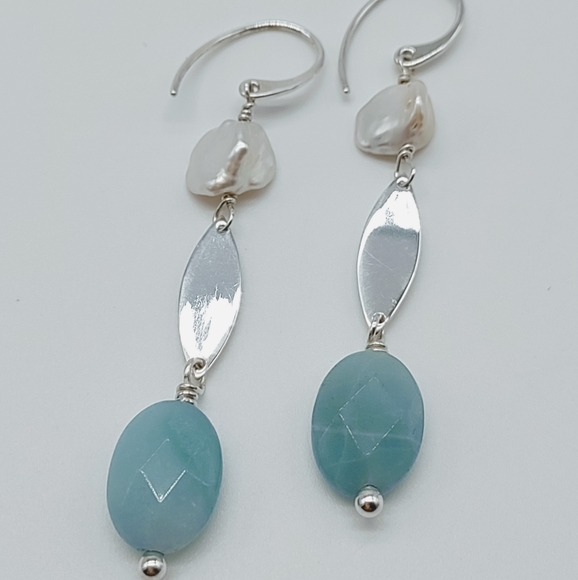 Sterling Silver Amazonite Freshwater Pearl Drop Earrings - Picture 4 of 6